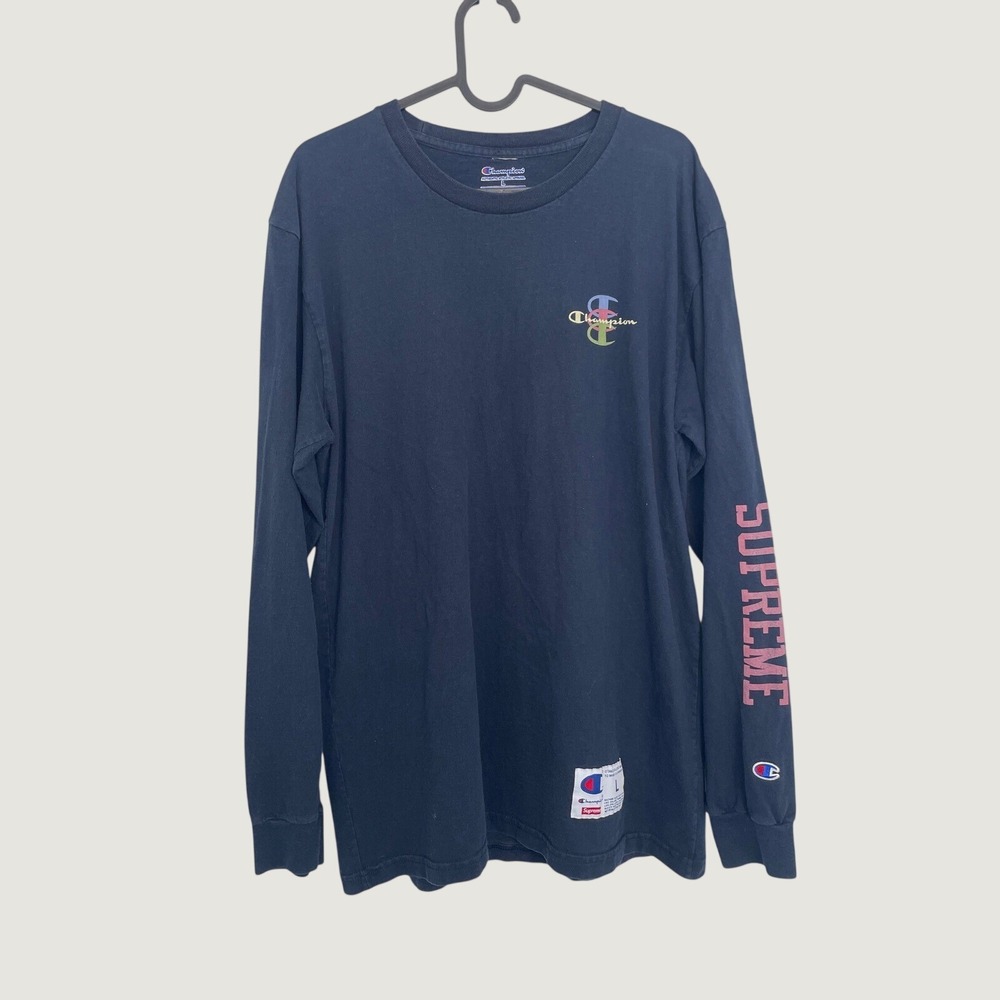 Supreme Champion Long Sleeve T-Shirt Stacked Logo Navy Blue Large